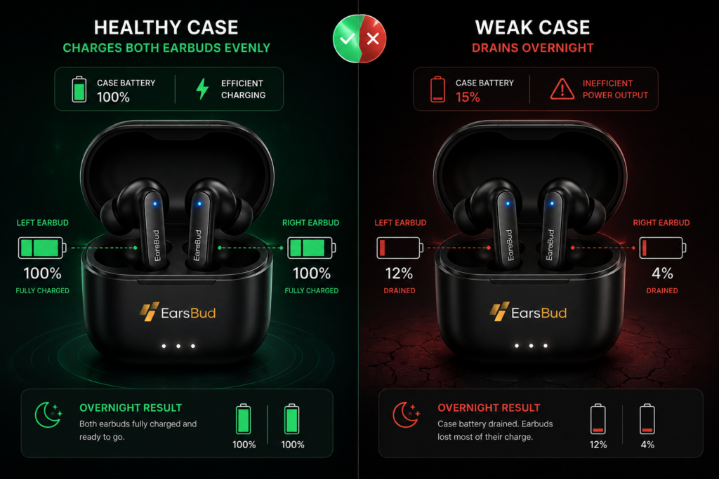 Healthy vs Weak Earbuds Charging Case: How Case Battery Health Affects Earbud Runtime Split-screen comparison showing a healthy earbuds charging case charging both earbuds evenly versus a weak charging case draining battery overnight and causing uneven earbud charge levels.