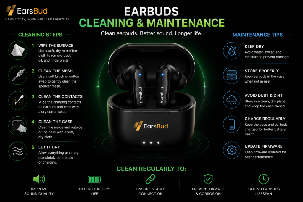 Earbuds cleaning and maintenance infographic showing wireless earbuds in a charging case with step-by-step cleaning instructions, maintenance tips, charging care, and storage best practices.