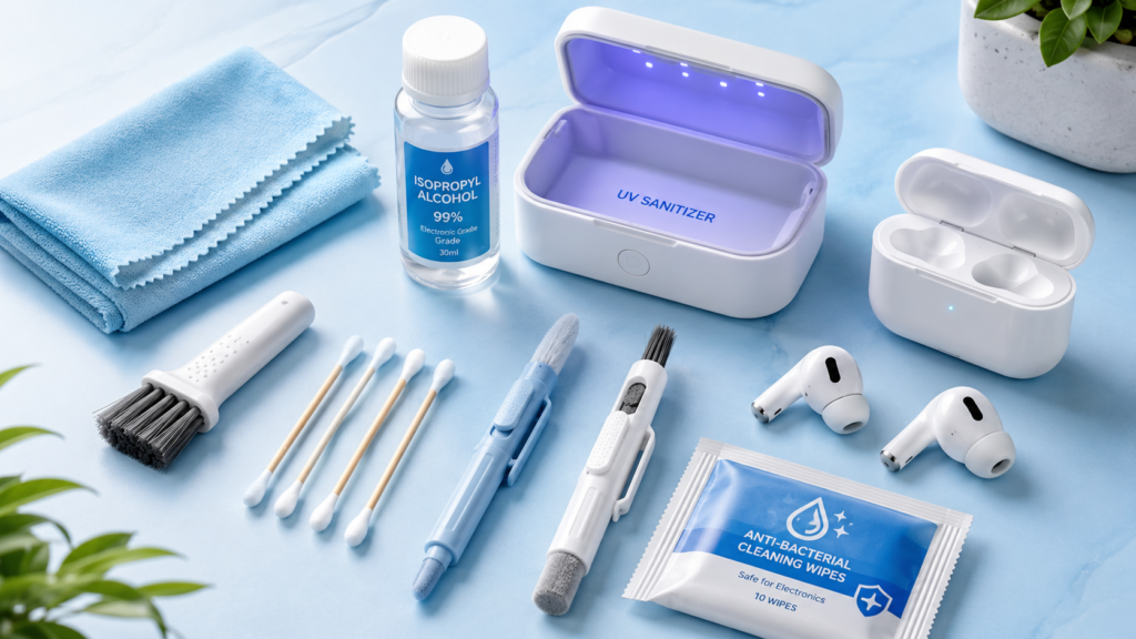 Earbuds cleaning kit with microfiber cloth, soft brush, cotton swabs, isopropyl alcohol, UV sanitizer box, earbud cleaning pens, anti-bacterial wipes, and wireless earbuds.