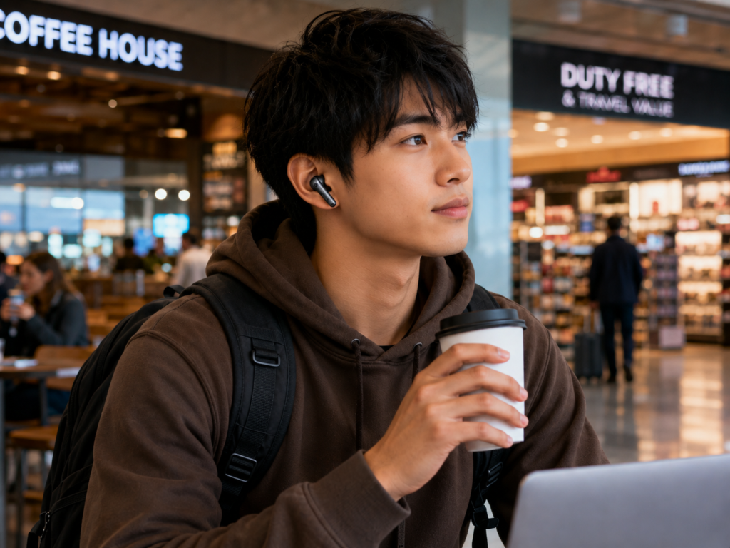 Japanese student wearing earbuds for travel in an airport coffee shop near duty-free stores while holding coffee and carrying a backpack.