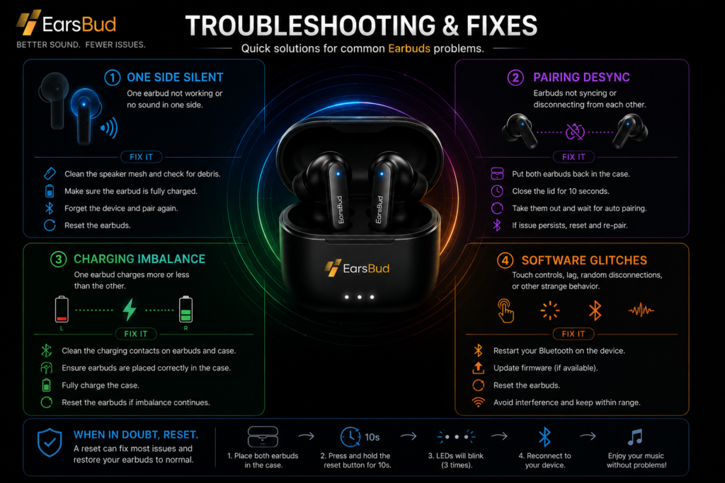 Earbuds troubleshooting and fixes infographic showing solutions for one earbud not working, pairing desync, charging imbalance, and software glitches in wireless earbuds.