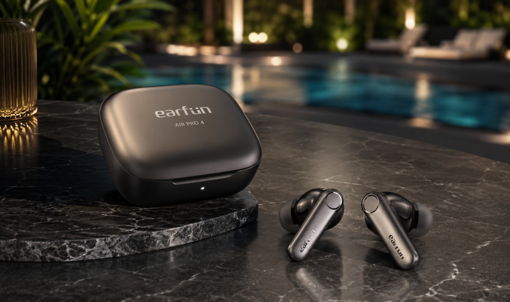 EarFun Air Pro 4 earbuds and charging case displayed on a premium stone surface, highlighting refined budget sound quality and modern wireless design.