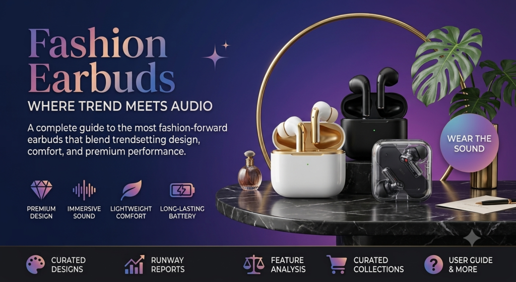 A high-end editorial website banner titled "Fashion Earbuds: Where Trend Meets Audio." The graphic showcases three distinct luxury true wireless earbud styles—glossy white with metallic gold accents, deep matte black, and a clear transparent design—arranged on a dark marble tabletop next to a miniature perfume bottle and vibrant green monstera leaves against a deep purple and blue backdrop.