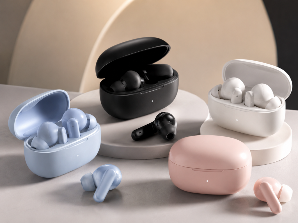 Good-Looking Cheap Earbuds – Best Cheap Earbuds with Stylish Design Good-looking budget earbuds in multiple colors with charging cases, showing stylish budget wireless earbuds and best cheap earbuds options.