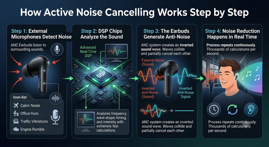 A step-by-step infographic explaining how active noise cancelling works. It shows four panels: 1) external microphones detecting cabin and traffic noise, 2) a DSP chip analyzing sound waves, 3) earbuds generating an inverted anti-noise signal, and 4) real-time noise reduction happening continuously.