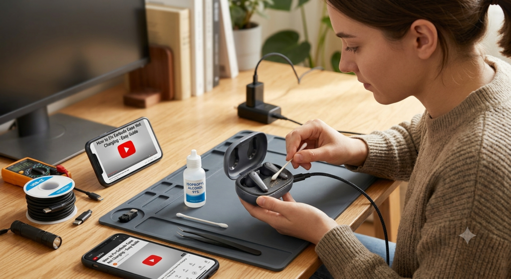How to Fix Earbuds Case Not Charging – Easy Troubleshooting Guide A person cleaning a wireless earbuds charging case using a cotton swab and isopropyl alcohol to fix a case that is not charging.
