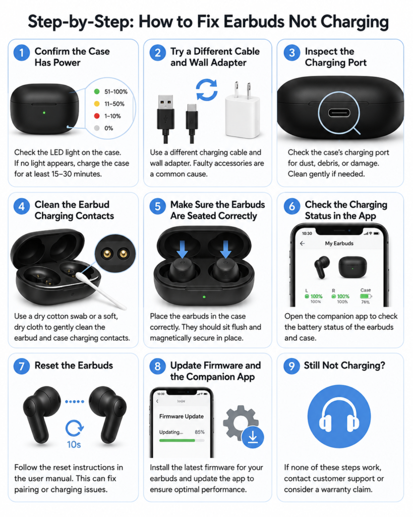 How to Fix Earbuds Not Charging: Step-by-Step Troubleshooting Guide Step-by-step illustration showing how to fix earbuds not charging by checking the charging case, cable, charging port, earbud contacts, fit, app status, reset process, and firmware update.