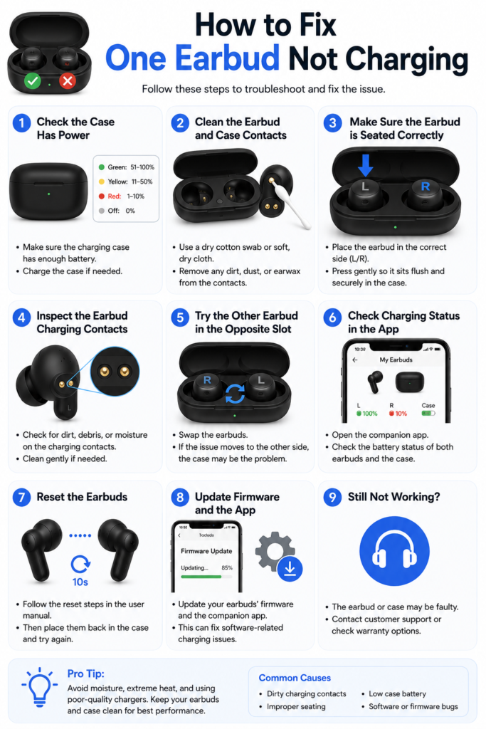 How to Fix One Earbud Not Working (Step-by-Step Troubleshooting Guide) Step-by-step guide showing how to fix one earbud not working, including cleaning contacts, checking battery, and resetting Bluetooth earbuds
