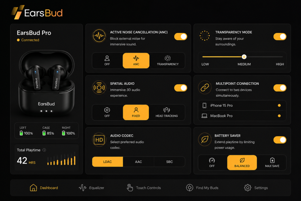 How to Improve Earbuds Battery Life with Smart Settings and Power Optimization Dark EarsBud earbuds control dashboard displaying ANC, transparency mode, spatial audio, multipoint connection, codec settings, and battery saver options for improving earbuds battery life.