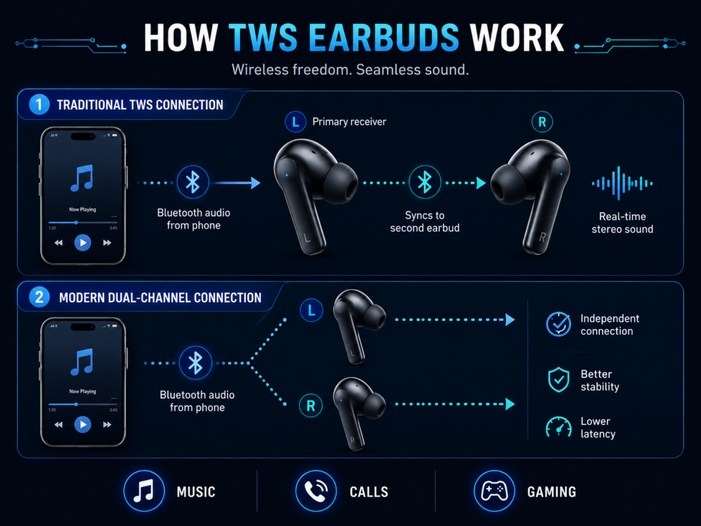 How TWS Earbuds Work with Bluetooth and Dual-Channel Connection Simple infographic showing how TWS earbuds work, with Bluetooth audio sent from a phone to left and right earbuds using traditional primary receiver and modern dual-channel connection.