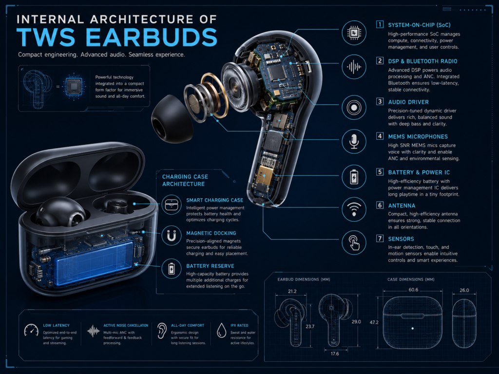 Internal Architecture of TWS Earbuds Blueprint Infographic Infographic blueprint showing the internal architecture of TWS earbuds, including SoC, audio driver, MEMS microphones, battery, antenna, sensors, and charging case electronics.