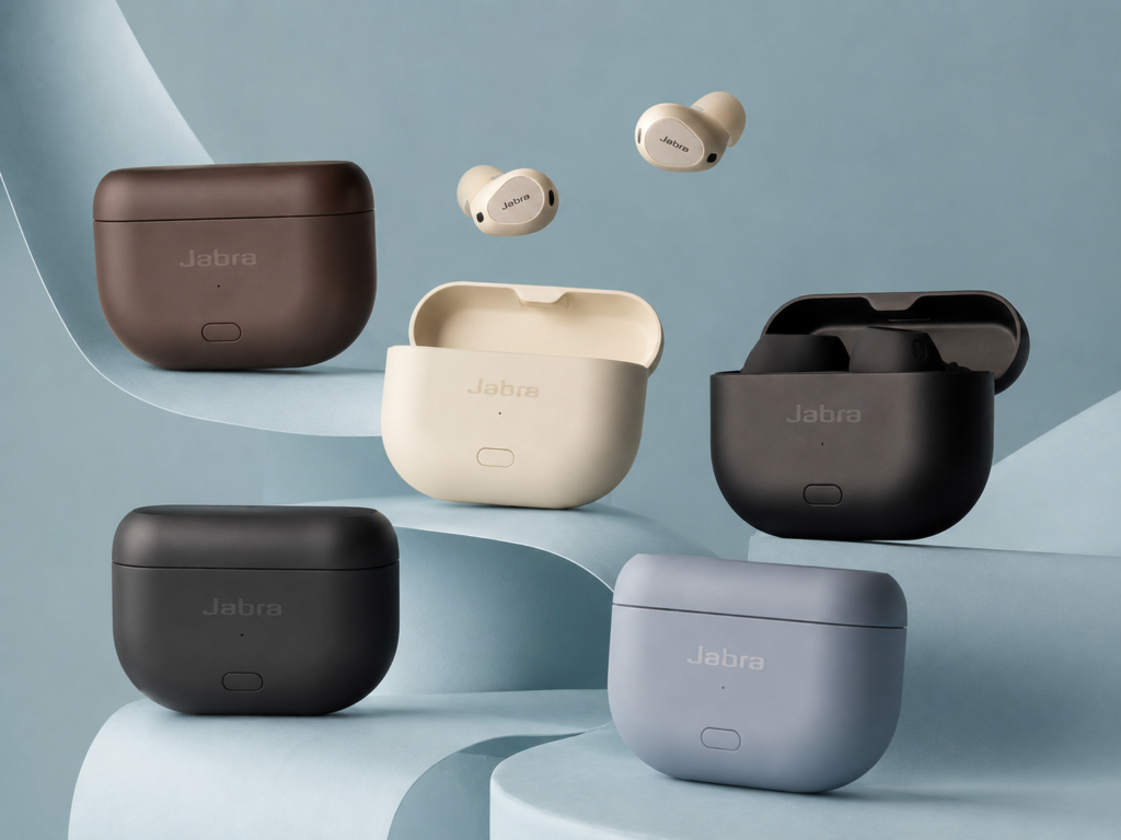 Jabra Elite 10 Gen 2 Earbuds and Charging Case Colorways Jabra Elite 10 Gen 2 earbuds and charging cases in multiple colorways, shown in a bright sophisticated studio scene with floating earbuds and open cases.