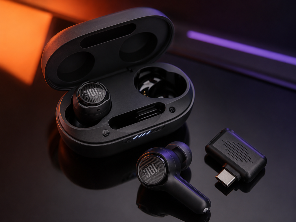 JBL Quantum TWS wireless gaming earbuds with charging case and USB-C dongle in a premium studio setup, showing best earbuds for gaming.