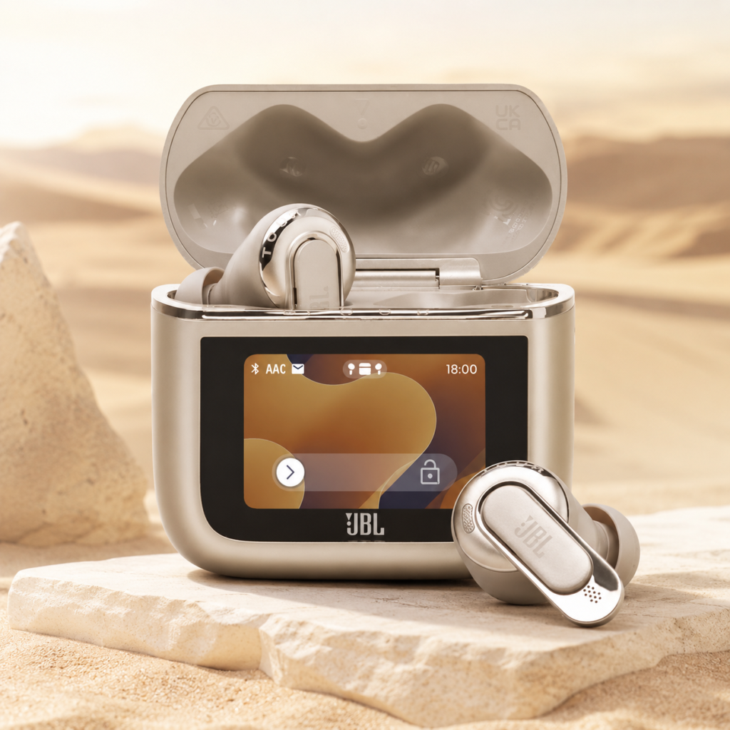 JBL Tour Pro 3 Smart Charging Case Earbuds JBL Tour Pro 3 earbuds with smart charging case and touchscreen display in a bright sophisticated desert-style product scene.