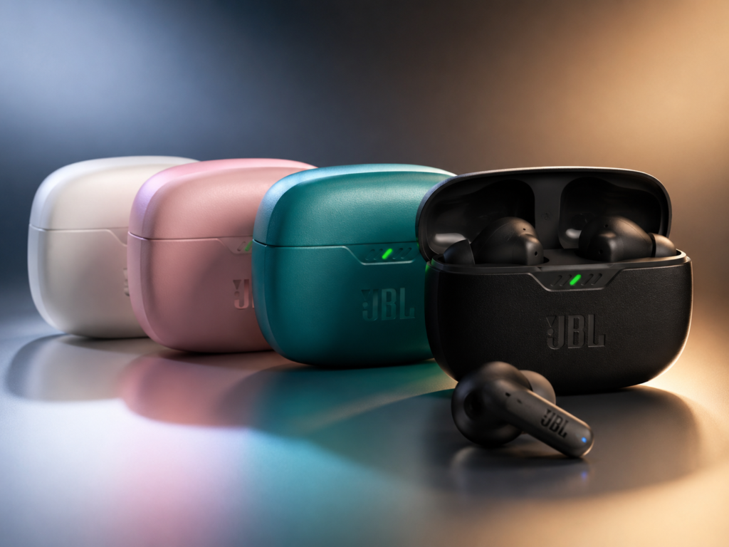 JBL Vibe Beam 2 earbuds with colorful charging cases in a vibrant premium product image, highlighting simple daily wireless listening.