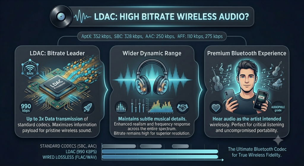 A dark-themed infographic explaining LDAC high bitrate wireless audio. It features three panels: LDAC Bitrate Leader showing a processor reaching 990 kbps for data transmission, Wider Dynamic Range showing high-fidelity wireless headphones, and Premium Bluetooth Experience illustrating an audiophile listening to studio-quality sound.