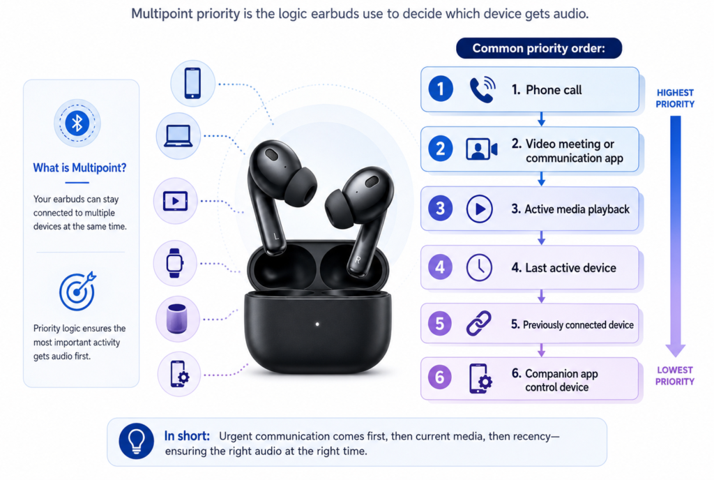 Infographic showing how multipoint Bluetooth priority works in earbuds, including phone calls, video meetings, media playback, last active device, previously connected device, and companion app control device.