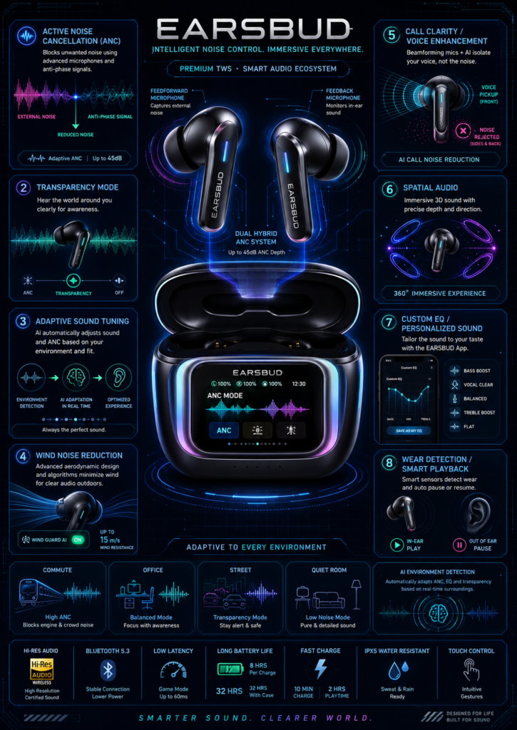 Noise Control and Smart Audio Features in TWS Earbuds EARSBUD branded TWS earbuds with a hi-tech charging case screen, showing active noise cancellation, transparency mode, adaptive sound tuning, spatial audio, call clarity, custom EQ, and smart playback features.