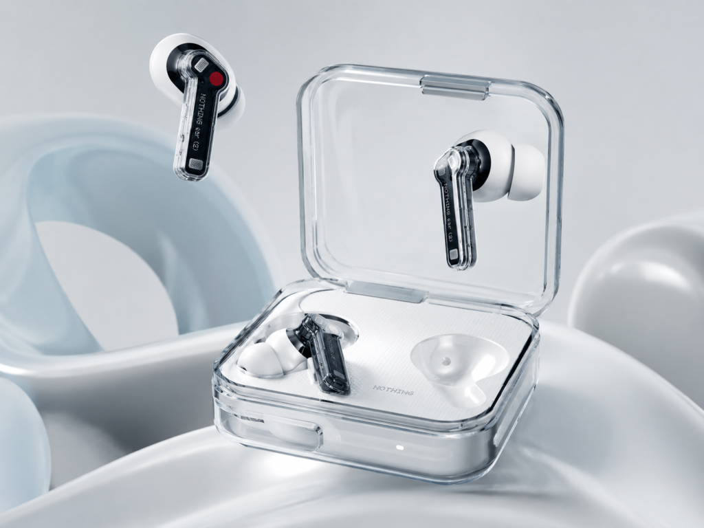Nothing Ear a Transparent True Wireless Earbuds Nothing Ear a transparent true wireless earbuds with a clear charging case in a bright sophisticated studio setting.
