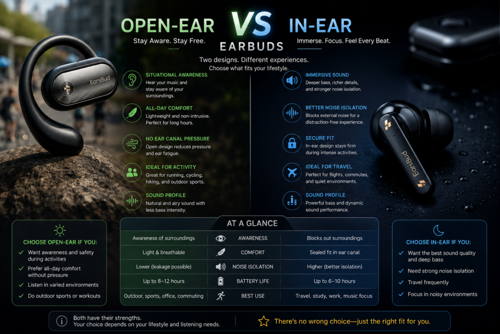 Split-screen comparison of open-ear vs in-ear earbuds showing design differences, comfort, awareness, noise isolation, sound quality, battery life, and ideal use cases for each earbud type.