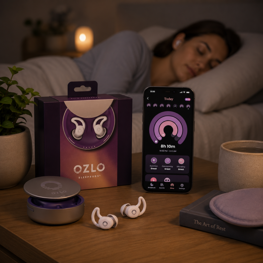 Ozlo Sleepbuds displayed on a bedside table in a calm bedroom environment alongside a sleep tracking app, charging case, and sleep accessories designed for comfortable overnight use.