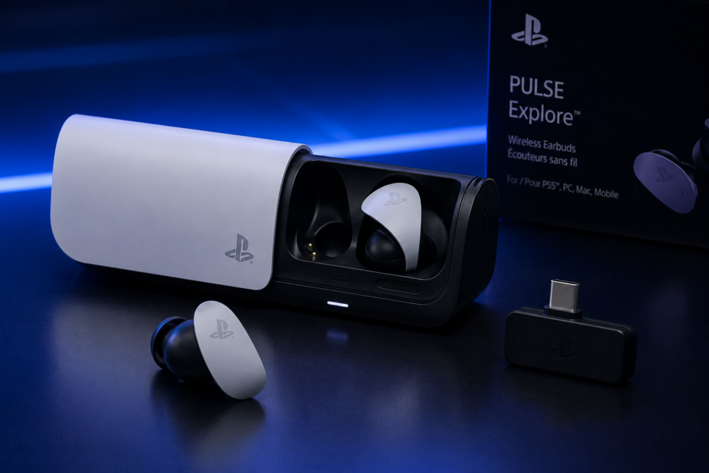 PlayStation Pulse Explore wireless gaming earbuds with charging case and USB-C adapter in a premium studio setup, suitable for best gaming earbuds for PC content.