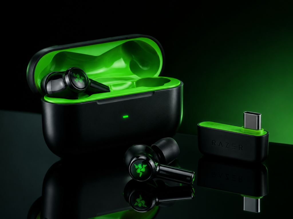 Razer Hammerhead V3 HyperSpeed studio product image with charging case, wireless gaming earbuds, and USB-C dongle for the best TWS earbuds for gaming.
