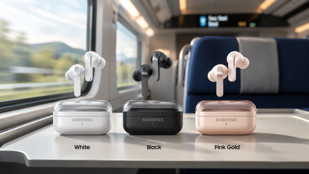 Samsung Galaxy Buds 4 Pro Earbuds for Train Travel Samsung Galaxy Buds 4 Pro earbuds in white, black, and pink gold displayed on a train table, showing premium wireless earbuds for Android travel.
