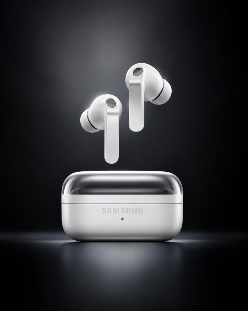 Samsung Galaxy Buds 4 Pro White Earbuds Luxury Studio Image Samsung Galaxy Buds 4 Pro white earbuds floating above a premium charging case against a dark enigmatic studio background.