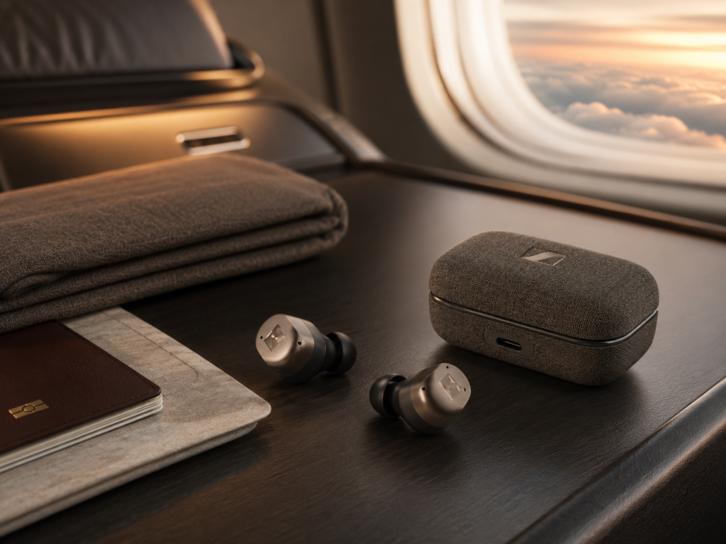 Sennheiser Momentum True Wireless 4 Best Noise Cancelling Earbuds for Long Flights Sennheiser Momentum True Wireless 4 earbuds and fabric charging case on a luxury airplane tray table, shown as best noise cancelling earbuds for long flights and battery life.