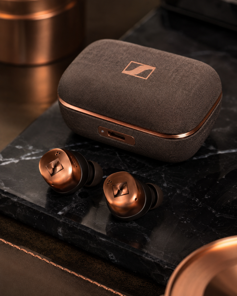 Sennheiser Momentum True Wireless 4 Copper Premium Noise Cancelling Earbuds Sennheiser Momentum True Wireless 4 copper color earbuds with premium charging case on dark marble in a luxury product image.