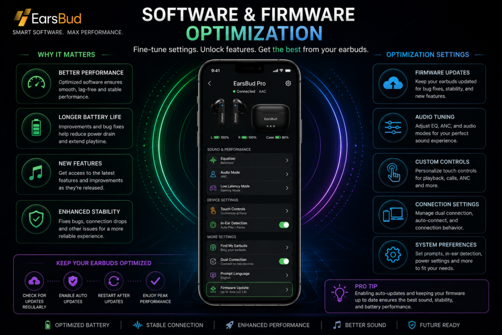 Smartphone screen displaying earbuds optimization settings including firmware updates, ANC controls, equalizer, touch controls, battery optimization, multipoint connectivity, and performance settings for wireless earbuds.