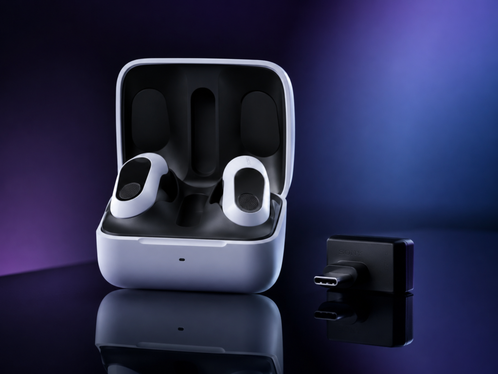 Sony INZONE Buds premium studio image with charging case and USB-C dongle, showing best gaming earbuds for PC and PS5.