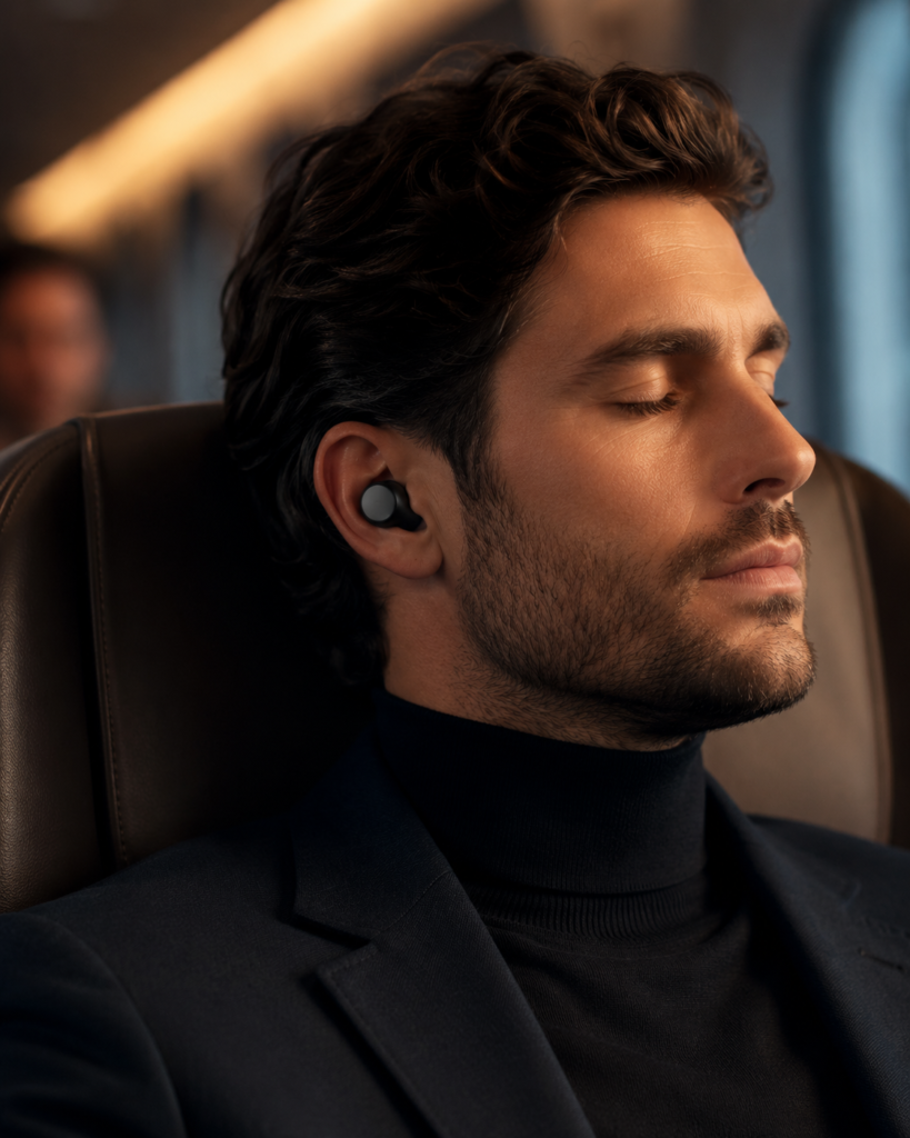 Sony WF 1000XM6 best noise cancelling earbuds in Premium Travel Use Man wearing Sony WF 1000XM6 best noise cancelling earbuds in a luxury travel setting.