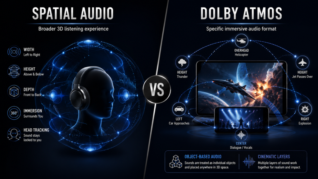 Spatial Audio vs Dolby Atmos comparison infographic showing broader 3D listening experience on one side and Dolby Atmos as a specific immersive audio format on the other.