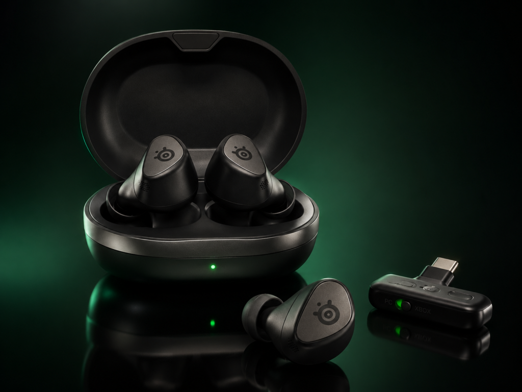 SteelSeries Arctis GameBuds with open charging case, wireless gaming earbuds, USB-C dongle, and premium dark studio lighting.