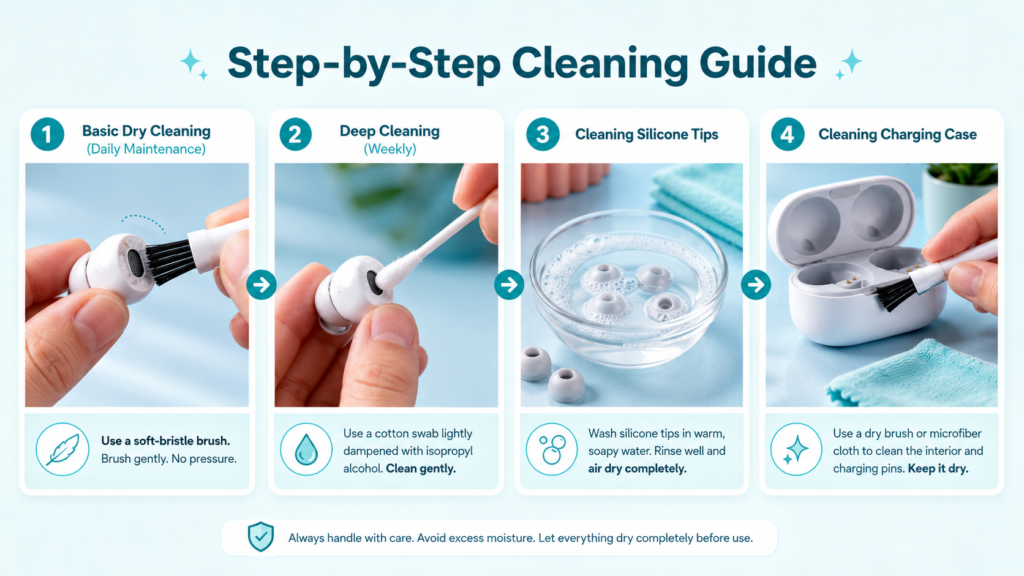 Step-by-step earbud cleaning guide showing dry brushing, deep cleaning, washing silicone tips, and cleaning the charging case safely.