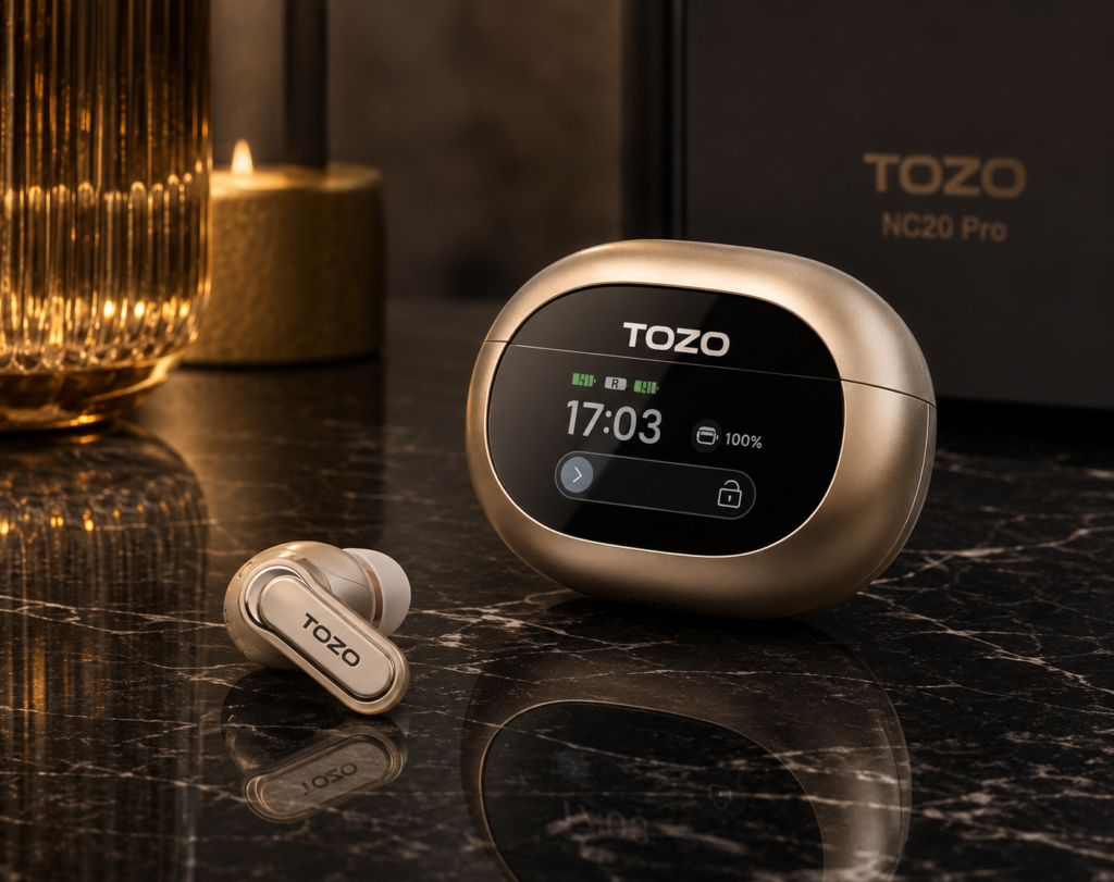TOZO NC20 Pro earbuds and smart charging case in a luxury product setting, highlighting long battery life, ANC, and stylish wireless design.
