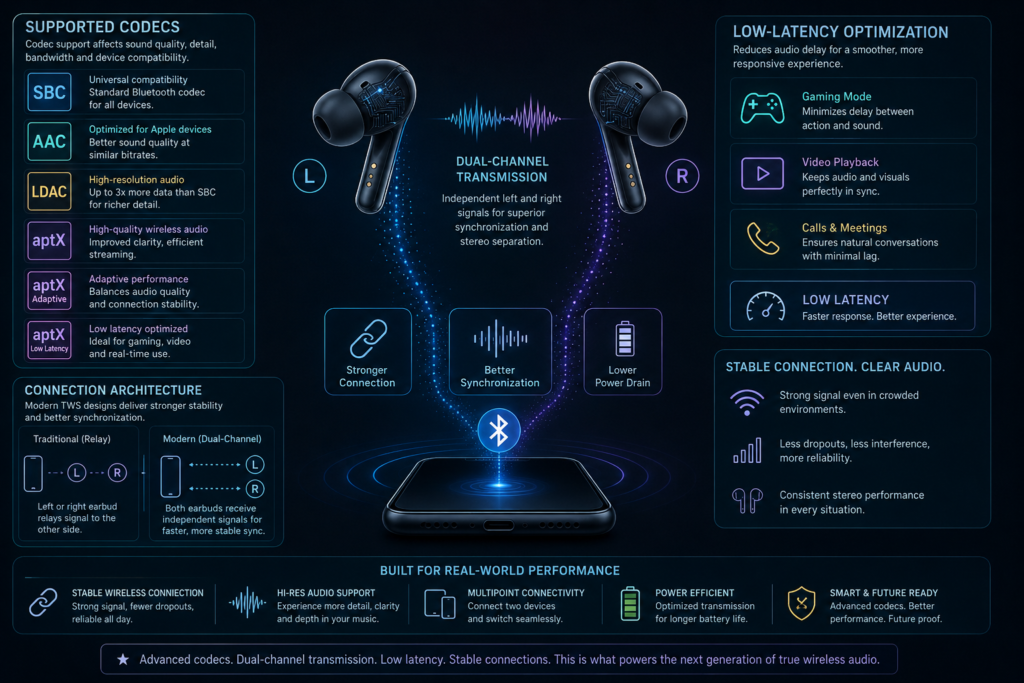 TWS Earbuds Technology Infographic for True Wireless Audio TWS earbuds infographic showing true wireless earbuds, Bluetooth codecs, dual-channel transmission, low latency, stable connection, and wireless audio performance.