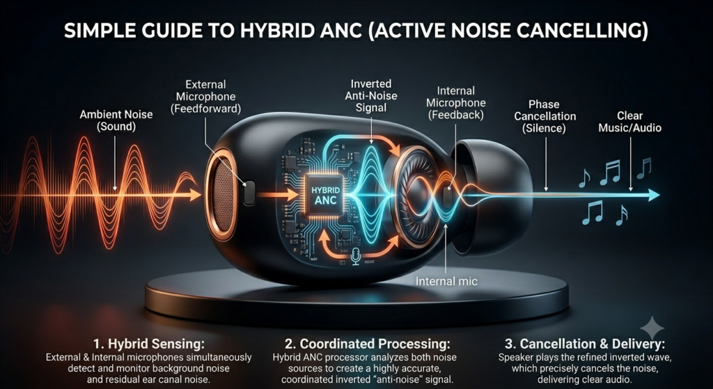 A simple graphic diagram explaining hybrid ANC technology in earbuds, showcasing how both an external feedforward microphone and an internal feedback microphone work together with a central processor to cancel background noise.