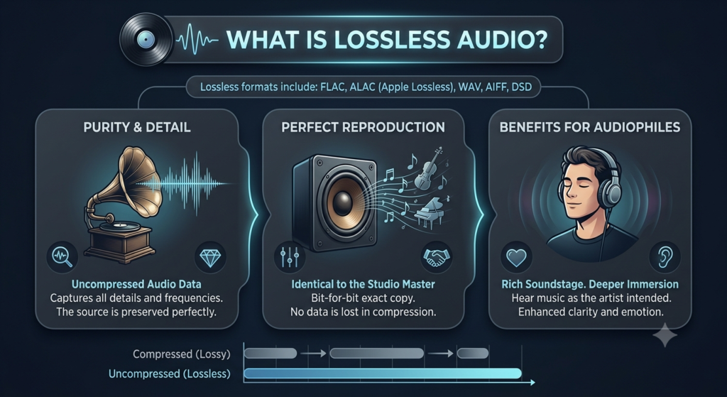 A dark-themed infographic explaining what is lossless audio. It features three panels: Purity & Detail with an uncompressed audio waveform, Perfect Reproduction showing a speaker delivering bit-for-bit studio master quality, and Benefits for Audiophiles showing a listener experiencing a rich soundstage.