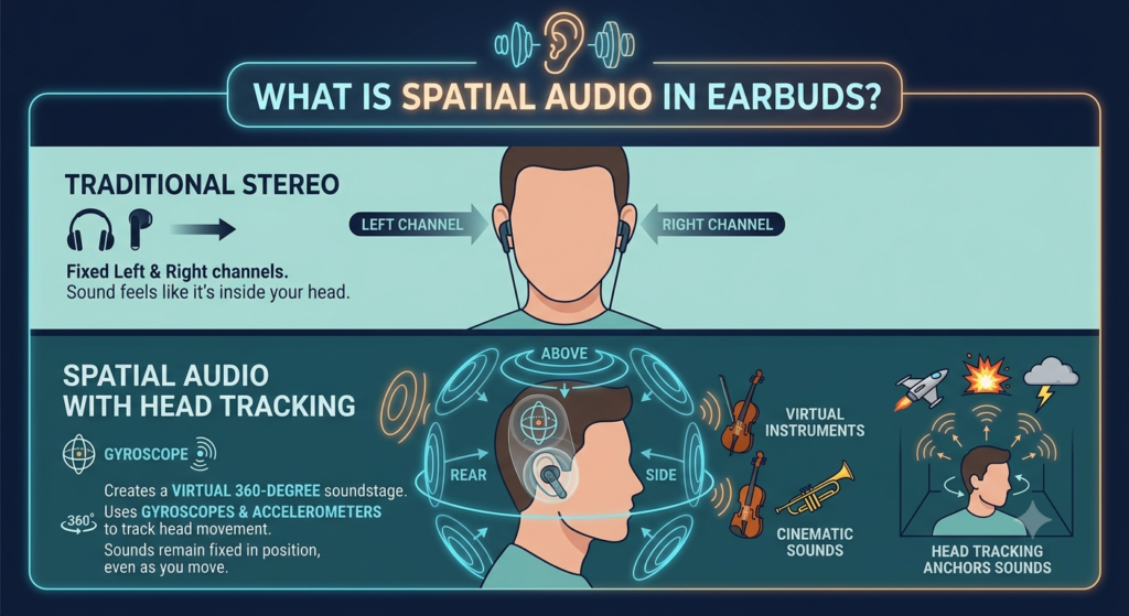 An infographic explaining what is spatial audio in earbuds compared to traditional stereo. The top panel shows standard stereo with static left and right audio channels. The bottom panel demonstrates spatial audio with head tracking, showing a 360-degree soundstage where virtual instruments and sounds are anchored around the listener's head using a gyroscope.