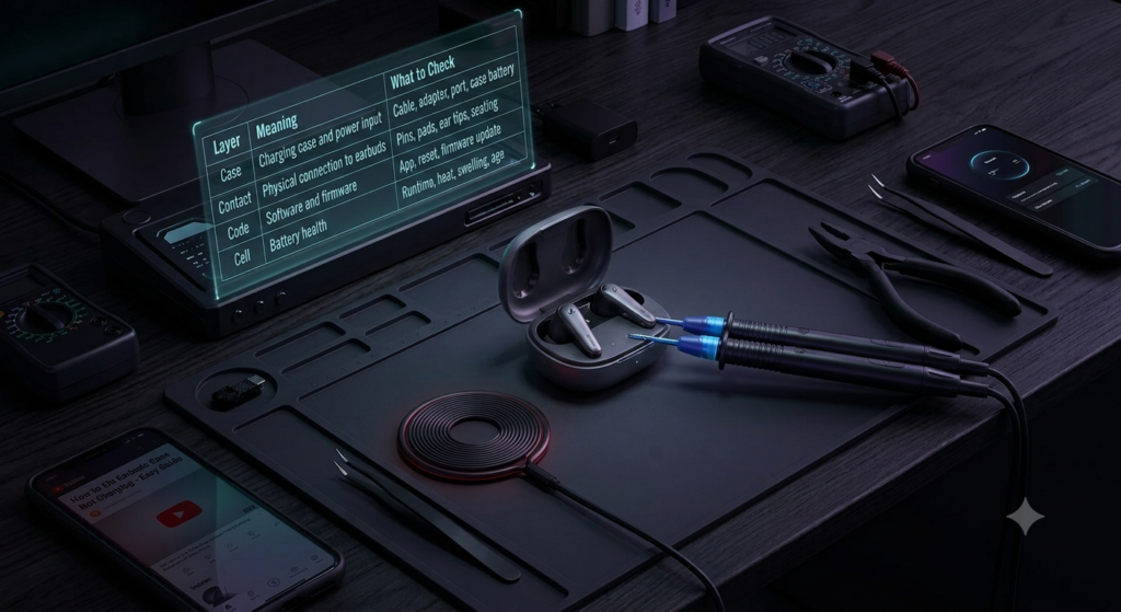 Wireless Earbuds Not Charging Practical Framework – 4-Layer Troubleshooting Guide A dark tech workspace showing a wireless earbuds charging case on a repair mat with a glowing holographic troubleshooting table detailing the Case, Contact, Code, and Cell layers.