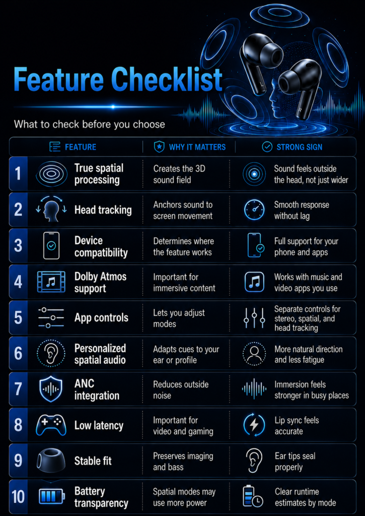 Wireless earbuds with spatial audio feature checklist showing 3D sound processing, head tracking, Dolby Atmos support, ANC, low latency, stable fit, and battery transparency.