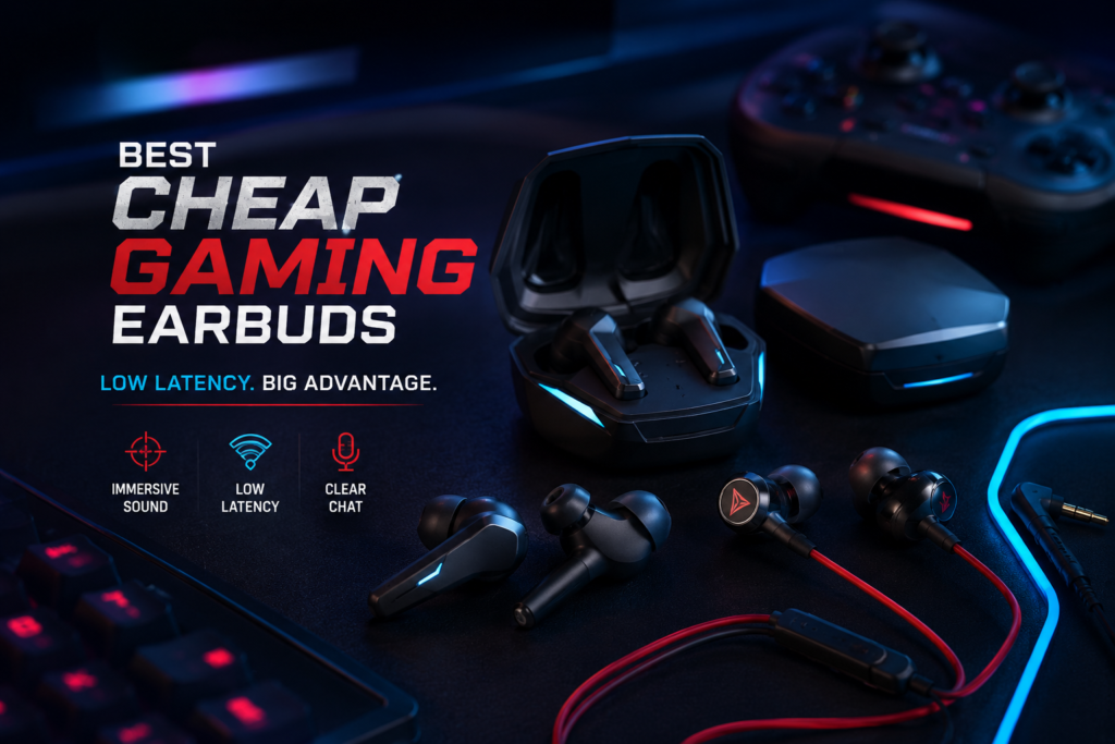 Best Cheap Gaming Earbuds Hero Image Best cheap gaming earbuds displayed on a dark gaming desk with wireless earbuds, wired in-ear earbuds, charging cases, neon blue-red lighting, and low-latency gaming icons.