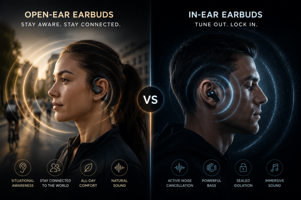 Split-screen comparison of open ear earbuds vs in ear earbuds showing awareness sound waves on the left and noise-isolating ANC bass waves on the right in a dark cinematic style.