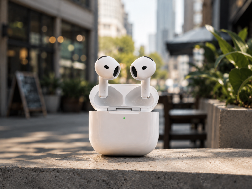 Apple AirPods 4 with Active Noise Cancellation in an open charging case displayed in a stylish urban café environment.
