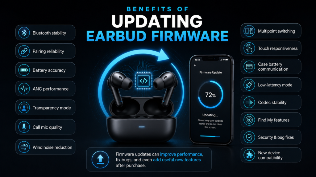 Benefits of Updating Earbud Firmware | Bluetooth, ANC & Performance Improvements Benefits of updating earbud firmware showing improvements to Bluetooth stability, ANC performance, battery accuracy, multipoint connectivity, touch controls, security, and compatibility.