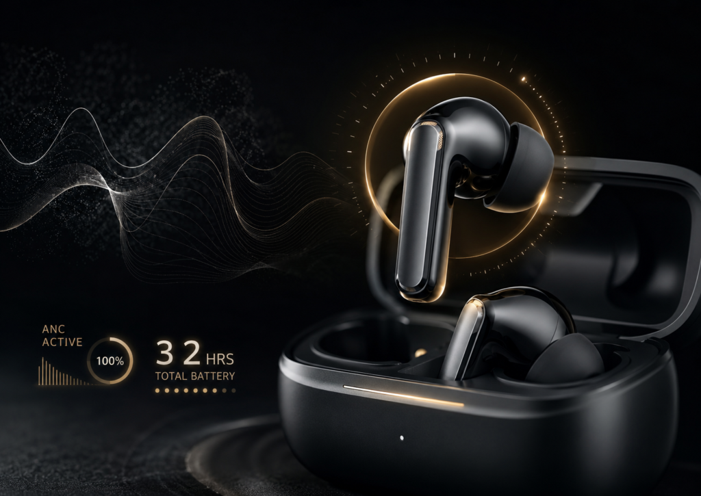 Luxury black ANC earbuds with a charging case, glowing battery meter, and active noise cancellation sound waves representing extended listening time.