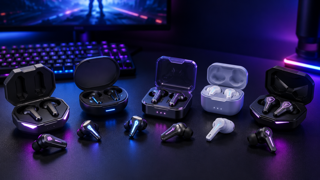 Several different best budget gaming earbuds with charging cases arranged on an RGB-lit gaming desk.